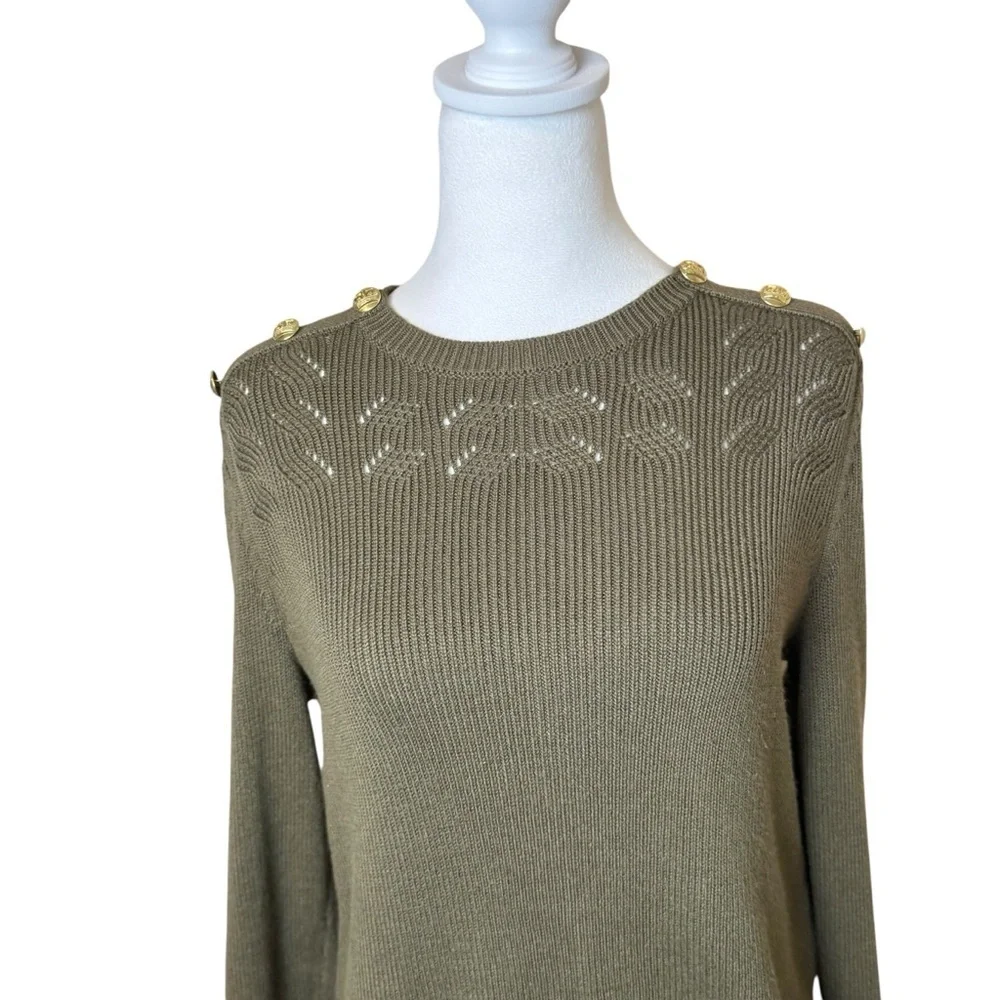 Talbots Petite XL Crewneck Sweater Pullover Olive Green Gold Buttons Fall Autumn